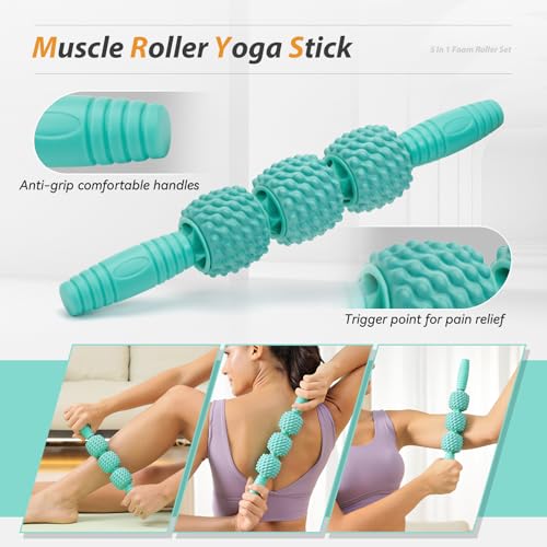 5 in1 Foam Roller Set, Trigger Point Foam Roller, Massage Roller Stick, Massage Ball, Resistance Band for Deep Muscle Massage Pilates Yoga,Fitness Exercise for Whole Body (Pure Turquoise) - color: Pure Turquoise