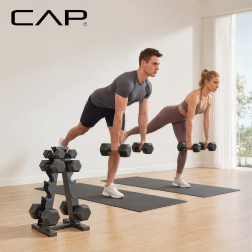 CAP Rubber Coated Hex Dumbbell Set with Storage Rack | 100–210 lb Options, Space-Saving Vertical Compact Storage for Home Gym Strength Training - size: 150 lb - Set, style: Black Handle