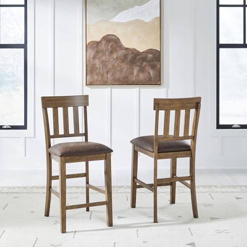 Signature Design by Ashley Wood Counter Height Bar Stools, Set of 2, Brown | Wipeable faux leather seat on sturdy wood frame, Farmhouse style ideal for 35-37 in kitchen islands, Vallister Series - color: Light Brown, style: Barstool