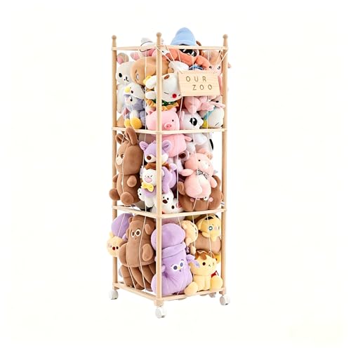 Stuffed Animal Storage & Organizer with Wheels, Wooden Stuffed Animal Zoo Storage with Elastic Band & Net, Space Save Toy Organizers, Plush Toy Holder for Kids Bedroom, Playroom and Nursery (Natural)