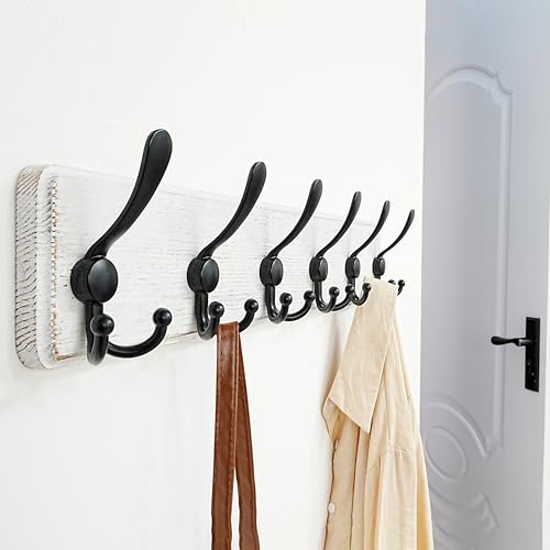 Dseap Coat Rack Wall Mounted - 24" Long 6 Tri Hooks, Heavy Duty Wooden Wall Coat Hanger Coat Hook for Clothes Hat Jacket Clothing, White and Black - color: White & Black, size: L=24"