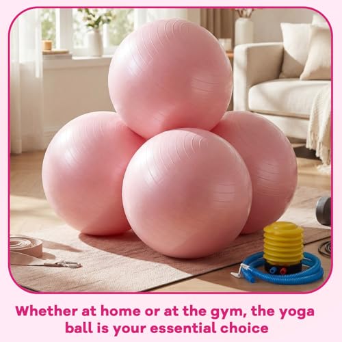 Leyndo 4 Pcs 26 Inch Yoga Exercise Ball Pilates Pregnancy Birthing Fitness Ball with Quick Pump Anti Burst for Improved Posture, Balance, Yoga, Pilates, Training - color: Light Pink