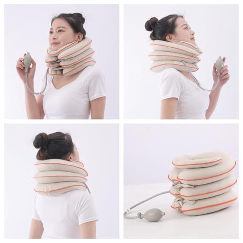 Neck Stretcher with Neck Brace,Adjustable Cervical Traction Device,Inflatable Cervical Traction Device for Neck,Portable and Compressible,Suitable for Office,Travel and Home Use - color: Grey