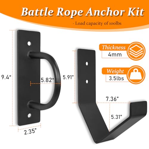 Heavy Duty Battle Rope Anchor Kit Wall Mount | Wall Anchor & Storage Hook for 30-50FT 1-2.5 Inch Battle Ropes, Multi-Functional Wall Bracket for Home Commercial Gym Garage - size: Large