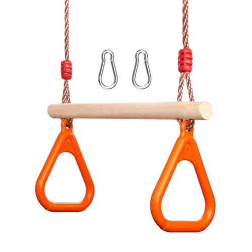 PELLOR Kids Trapeze Bar with Rings,Wooden Trapeze Swing Bar for Ninja Warrior Obstacle Course,Children's Swing Set Indoor Outdoor Garden,Yard,Playground - color: Orange