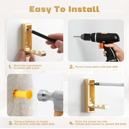 Folding Coat Hooks, 2Pcs Foldable Heavy Duty Wall Hooks Zinc Alloy No Rust Fold Up Hooks for Coat, Towel, Key, Hat, Bag, Jacket, Backpack. (Gold) - color: Gold, size: 2