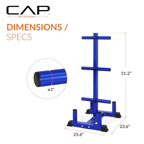 CAP Olympic Bumper Plate Tree Rack with Barbell Holders, Heavy-Duty Weight Plate Storage Rack for Home Gym, Steel Olympic Plate Organizer Stand, Multiple Color & Size Options - color: Blue, size: 6-Plate Posts / 4 Bar Holders