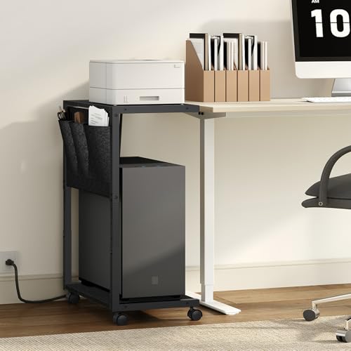 YATINEY PC Stand, Computer Tower Stand with Charging Station, Height Adjustable PC Tower Stand for Floor, 2 Tier Computer Cart On Wheels, 23.1"-29" H,19.7" L x 11" W, for Home Office, Black CJ60BB - color: Black