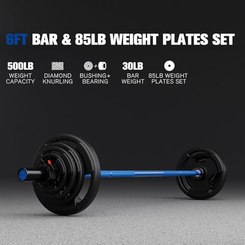 RitFit Barbell Weight Set - 4/6FT Olympic Barbell with Weight Plates (55-115LB Total) - Weightlifting Equipment for Squats, Curls, Deadlifts, Presses, Hip Thrusts - color: Black/Blue, size: 6FT With 85LB Plates