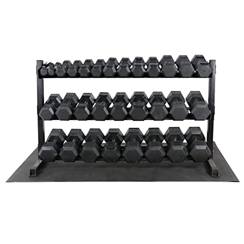 WF Athletic Supply Rubber Coated Hex Dumbbell Set, Multiple Choices Available - Dumbbells with Rack Stand and Mat, or Dumbbells Only (200/550/1200/2100/3000 LB) - color: g. 5 - 75LB w/ 3-tier BLUE Rack and Mat