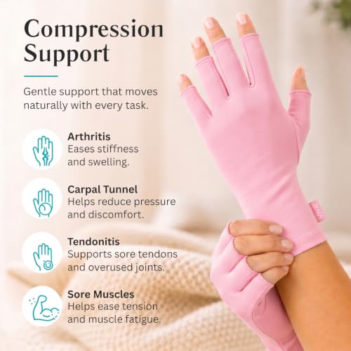 Vive Arthritis Gloves - Men, Women Rheumatoid Compression Hand Glove | Osteoarthritis- Arthritic Joint Pain Relief - Carpal Tunnel Wrist Support - Open Finger, Fingerless Thumb for Computer Typing - color: Pink, size: Small