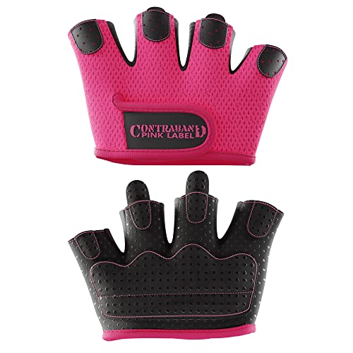Contraband Pink Label 5537 Womens Micro Weight Lifting Gloves w/Grip-Lock Silicone Padding (Pair) - Minimalist Half Gloves - Apple Watch Friendly - color: Pink, size: Large