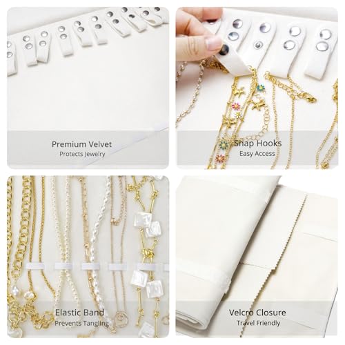 UnionPlus Velvet Travel Jewelry Roll Bag Organizer for Necklace, Elastic Band and Anti-winding, Beige - color: Beige, size: Medium
