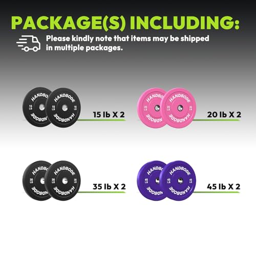 HANDBODE 2-Inch Weight Plates High Bounce, Olympic Bumper Plate Set 45/100/160/190/260/300lb, Colored Weight Plates Set for Home Gym, Barbell Weights Rubber Strength Training Plate for Weight Lifting - size: 230 lb Set (Pair of 15, 20 lb, 35, 45 lb), styl