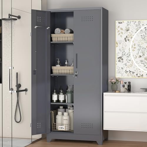 IRONFFICE Tall Storage Cabinet with Doors,Metal Garage Cabinet and Storage,Lockable Utility Closet Cabinets with Pegboard for Basement,Laundry Room,Grey - size: 15.74"D x 23.62"W x 65"H-Grey