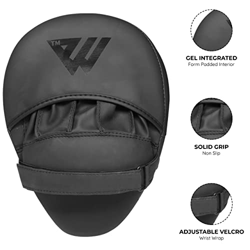WFX Boxing Pads for Training - Curved Mitts for MMA, Kickboxing, Karate, Sparring & Martial Arts - Matte Black Leather Muay Thai Punching Pads
