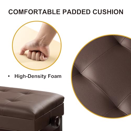 Adjustable Height Piano Bench with Storage, Solid Wood Duet Keyboard Stool, Waterproof Padded Seat Cushion, Multi-Use Bench for Piano, Vanity, Living Room, Bedroom XJ750-4(Brown) - color: Brown
