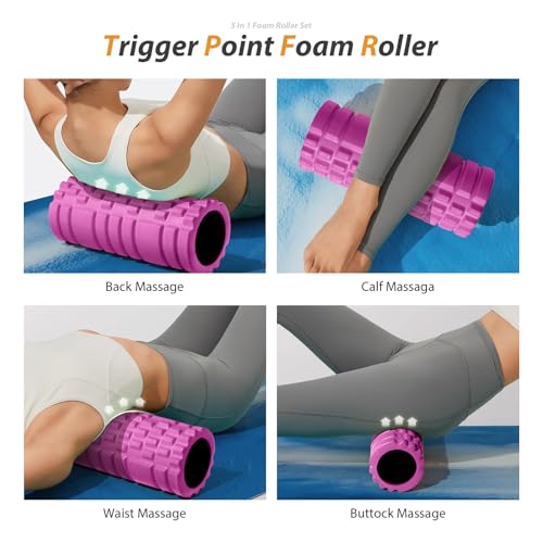 5 in 1 Foam Roller Set for Deep Tissue Muscle Massage, High Density Fitness Exercise Foam Roller, Massage Roller, Massage Ball, Resistance Band, for Whole Body (Pink-Black) - color: Pink-black