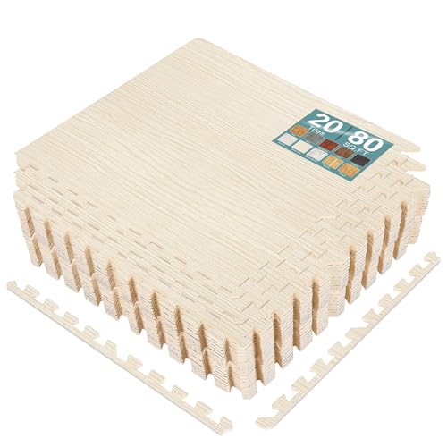 Sorbus 80 Sq. Ft. Wood Grain Floor Tiles Foam Mat EVA Interlocking Mats Tile 3/8-Inch Thick Flooring Wood Puzzle Exercise Mats w/Borders - Home Playroom Basement, Apartment, Trade Show, Baby, Dance - color: Light Pine, size: 20 Pack