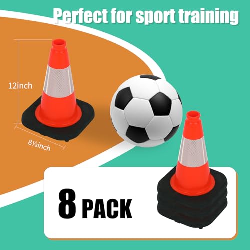 BESEA 12" inch Traffic Cones Soccer Training Cones Sport Cones Road Parking Cone with 4" Highly Reflective Collar(8 Pack) - size: 12 inch