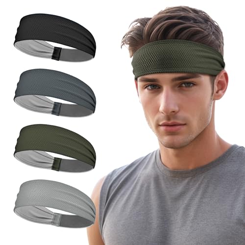 Sukeen Sports Headbands for Men, Moisture Wicking Sweat Bands Headbands Non-Slip, Breathable Elastic Sweatband, Running Headband for Yoga, Tennis, Fitness Workout - color: Black/Dark Gray/Dark Green/Gray