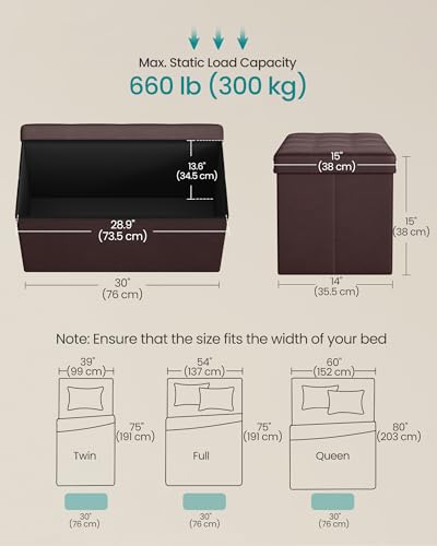 SONGMICS MAZIE Collection - 30 Inches Folding Storage Ottoman Bench, Ottoman with Storage, Foot Rest Stool, Load 660 lb, for Living Room, Synthetic Leather, Brown ULSF40Z - color: Brown, size: 15"D x 30"W x 15"H