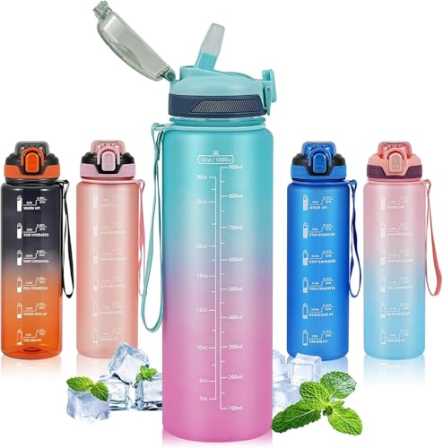 Water Bottle with Straw 1L,Boys Water Bottles with Straw 1 Litre,Waterbottle Leak-Proof Sports Water Bottle,Plastic Drinks Bottles Toxin Free，Bpa-Free (Cyan Pink) - color: 09-Cyan Pink