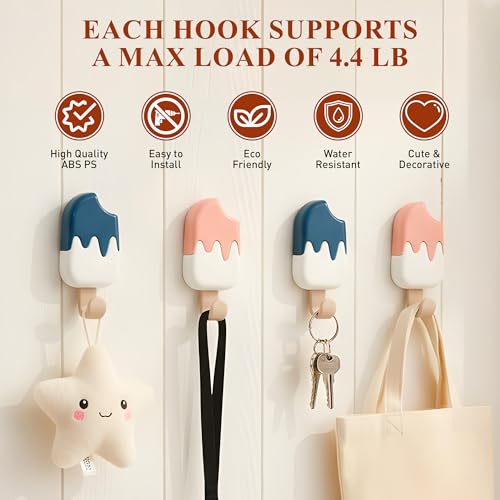 GOMARO 6 Pack Cute Wall Hooks Ice Cream Shape for Kids Room Colorful Adhesive Coat Hooks for Backpacks Keys Creative Towel Hangers Kids Bathroom Decorative Kitchen Nursery Wall Mounted Organization