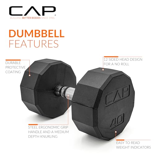 CAP Rubber Coated Dumbbell Weights, Free Weights for Home Gym Strength Training, Anti-Roll Hex Dumbbells with Black, Chrome & Comfort Grip Handles, Pairs & Sets - size: 40 lb - Pair, style: 12-Sided - Chrome Handle