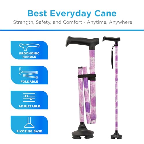 NOVA Foldable Quad Cane for Seniors, Self Standing Adjustable Walking Cane with Pivoting Quad Tip, Lightweight Collapsible Mobility Aid, Bonus Carry Pouch & Replacement Tips, Purple Floral - color: Purple Floral