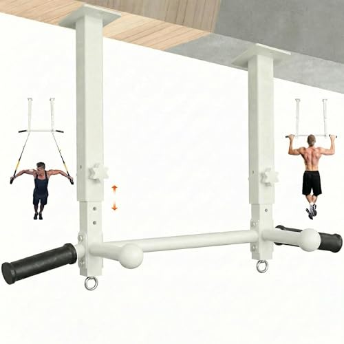 Ceiling Mount Pull Up Bar for Garage/Basement/Rafter - Heavy Duty 800LBS Adjustable Height Multi-Grip Chin Up Bar,Ceiling Joist/Beam - color: White