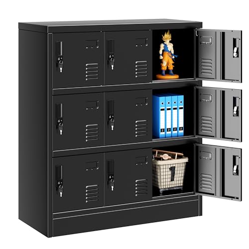 Greenvelly Metal Locker, 9 Doors Lockers for Employees with Keys,3 Tiers Small Steel Lockable Storage Lockers with Card Slots,Vents for Gym,School,Office,Kids Room(Black) - color: Black, size: 9 Doors