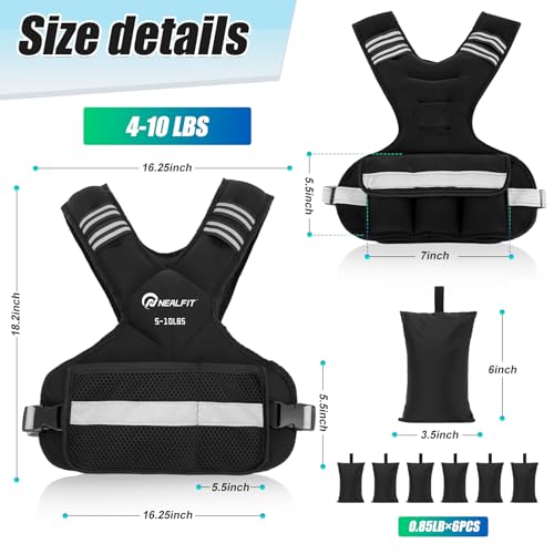 NEALFIT Weighted Vest for Women and Men, 5-10lb/11-20lb/18-30lb Adjustable Weighted Vest with Reflective Strip, Body Weight Vest for Walking, Running, Fitness, Strength Training - size: 5-10 lbs