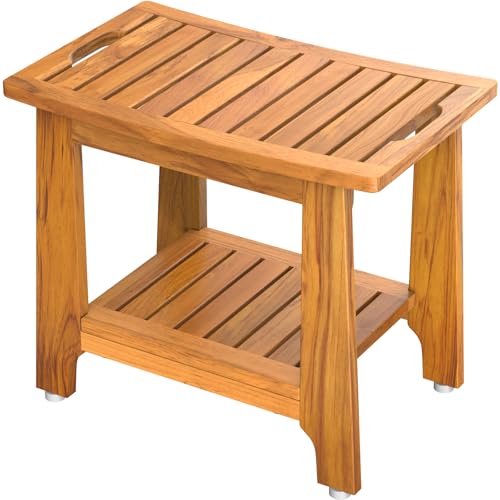 21" Standard Teak Shower Bench with Shelf & Handle - Waterproof, Non-Slip Bath Stool, 300 lbs Capacity - Fits Standard Tubs/Showers & Outdoor Use (Patented) - size: 21"W x 13" Dx 18"H