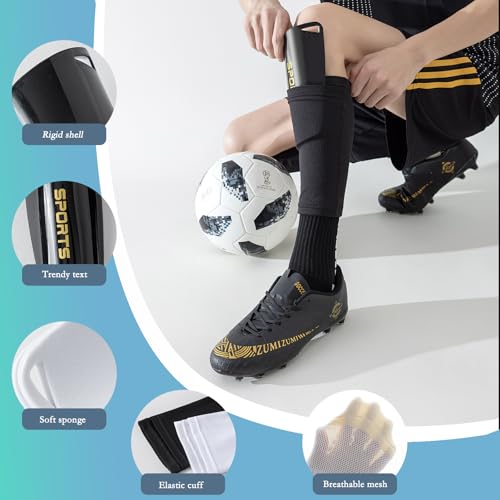 Soccer Socks with Shin Guard for Men, 1 Pairs Mens Grip Soccer Socks and 1 Pairs Shin Sleeves with Shin Guards, Footaball Equipment Shin Sleeves with Pads for Adults - color: black
