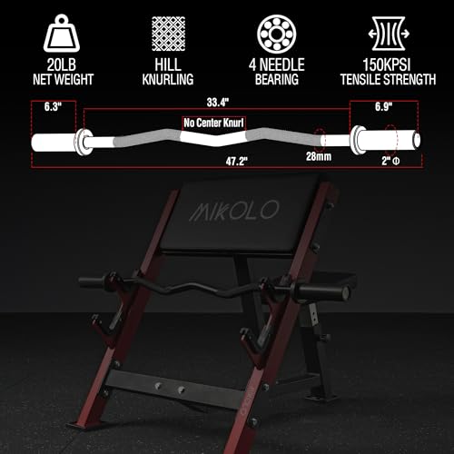 Mikolo EZ Curl Bar, 2 Inch Olympic Curl Bar for Biceps and Triceps, 47” Curling Bar with Knurled Grip, 700LB Barbell Bar with Multi-Angle Wrist-Friendly Design - color: Black - EZ Curl Bar - Bar Only