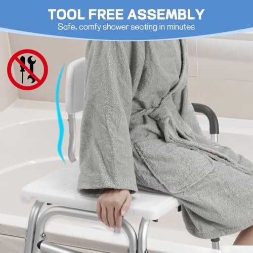 TABEKE Tub Transfer Bench for Bathtub, Tool Free Assembly Shower Chair with Backrest & Armrest, Height Adjustable Shower Bench, Shower Seat for Elderly and Disabled