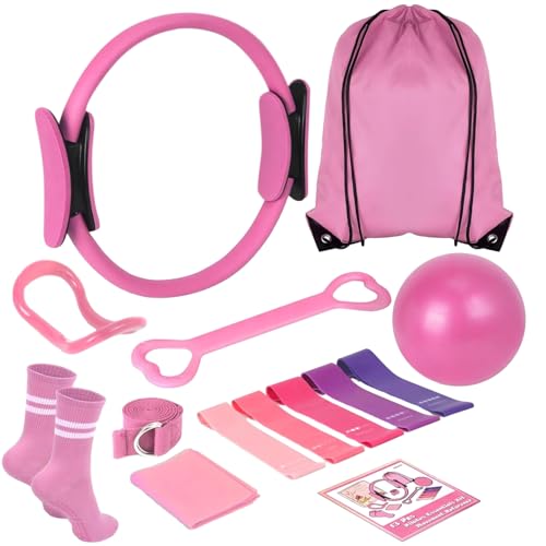 Pilates Kit for Home Workouts for Women-12-Piece Equipment Set with Ring,Yoga Ball,5 Resistance Bands,Figure-8 Band,Arm Stretcher,Grippy Socks,Storage Bag for Toning,Strength & Flexibility