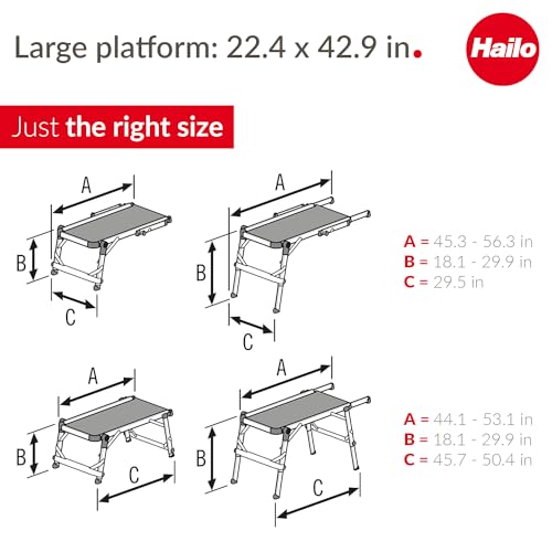 Hailo TP2 Plus | Work & Staircase Platform | Length and Height-Adjustable Telescopic Rails and feet | Integrated Bubble Level | for use with Step stools & stepladders - style: TP2 Plus (work platform)