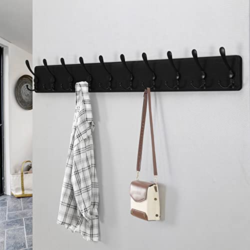 Dseap Coat Rack Wall - Heavy-Duty 38-1/4" Long, with Reinforced 10 Custom Tri-Hooks, Solid Wood Wall Hanger for Coats Hat Jackets - Rustic Farmhouse Entryway Hallway Storage, Black - color: Black, size: L=38.3"