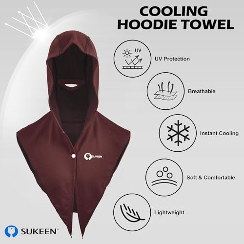 Sukeen Cooling Hoodie Towel, Instant Cooling Towels for Neck and Face, UPF 50 Sun Protection Ponytail Cooling Neck Wraps, Quick Drying Cool Towels for Sports, Gym, Hiking, Camping, Workout, Brown Red