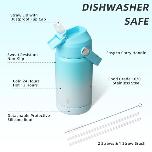 BJPKPK Insulated Water Bottle with Straw Lid, 12oz Thermo Water Bottles, Flex Handle & Non-slip Boot, BPA Free Leak Proof Stainless Steel Metal Thermo, Tumblers, Cups, Sea Salt - color: Sea Salt, size: 12 Ounces