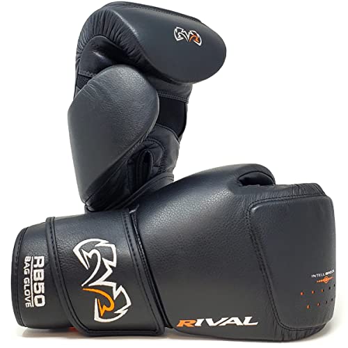 RIVAL Boxing RB50 Intelli-Shock Compact Bag Gloves, Hook and Loop Closure - Soft Inner Lining, Multi-Layered Foam Padding - color: Black, size: Large