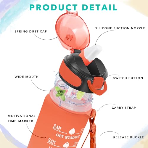 Enerbone 32 oz Drinking Water Bottle with Times to Drink and Straw, Motivational with Carrying Strap, Leakproof BPA & Toxic Free, Ensure You Drink Enough Water for Fitness Gym Outdoor - color: Dawn Fields