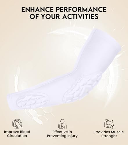 Compression Padded Arm Sleeves for Youth & Adults - Elbow & Forearm Support - Breathable Football Padded Sleeves - color: White, size: Youth Small/Medium