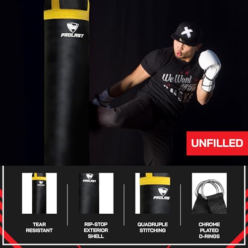 Heavy Punching Kicking Bag for Adults, Boxing, MMA, Martial Arts, Muay Thai, Strength Training Equipment, Filled, 5ft, 100 lbs, Colored Strap and Rhino Logo - color: Yellow / Black, size: Unfilled