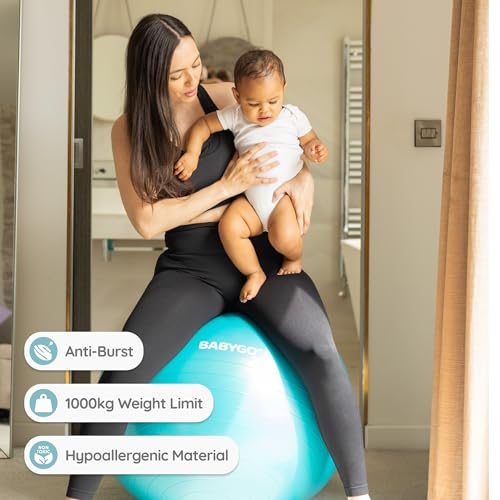 BABYGO Birthing Ball - Pregnancy Yoga Labor & Exercise Ball & Book Set Trimester Targeting, Maternity Physio, Birth & Recovery Plan Included Anti Burst Eco Friendly - color: Turquoise, size: 65cm - Manual