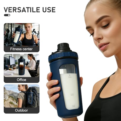26oz Glass Protein Shaker Bottle, Stainless Steel Mixing Ball & Silicone Sleeve, Odorless, Leak-Proof, BPA-Free, Ideal for Smoothies & Workout Drinks (Steel Blue) - color: Steel Blue