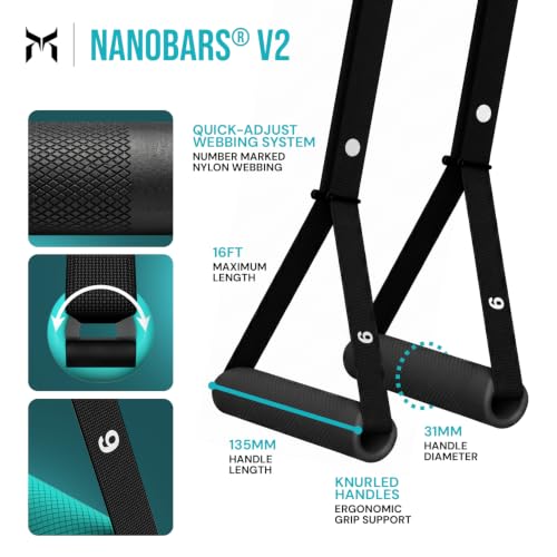 Kensui NanoBars V2 - Portable Suspension Trainer, 600 lb Max Load | Stable and rotating handle modes support pull ups, rows, dips, curls and full body training with natural wrist movement.
