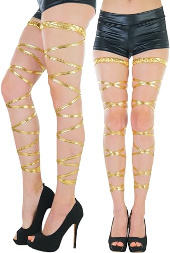ToBeInStyle Women's Leg Wraps Ravewear Dancewear Elastic Straps Party Garter Music Festivals Costume Accessory Thigh High - color: Classic Gold (Longer), size: One Size